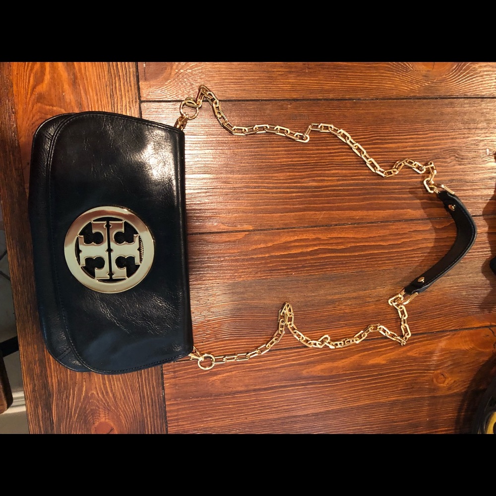 Black Tory Burch LOGO Clutch with Gold Chain